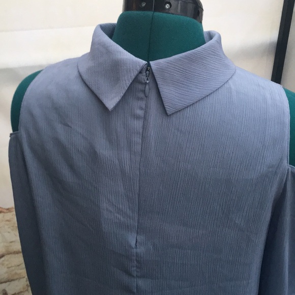 New Lush Powder Blue Cold Shoulder Key Hole Flutter Sleeve Blouse - Picture 6 of 8